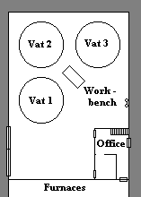A map showing the structural layout of the warehouse. Note: Crate maze is not shown, to avoid obscuring vat locations.